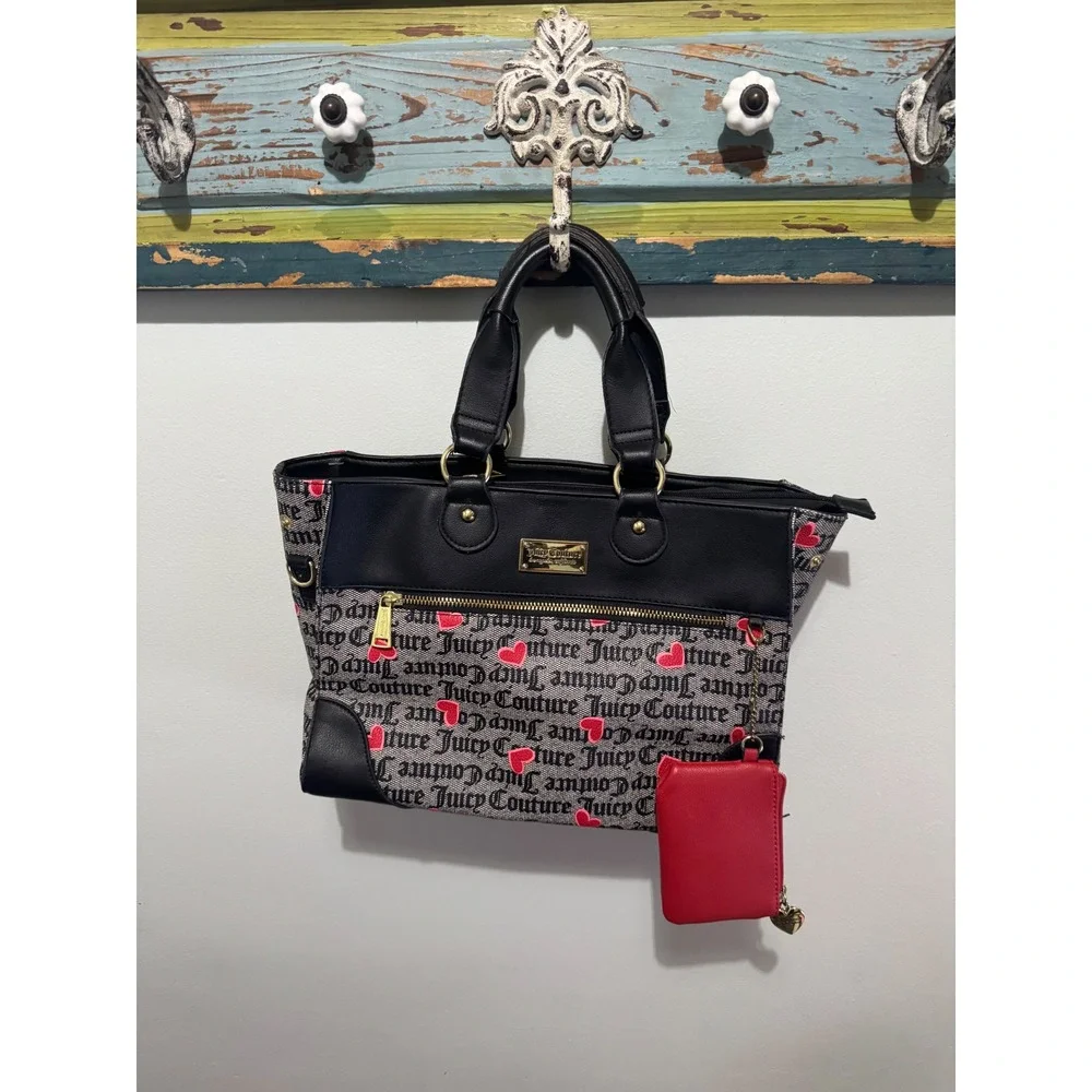 Juicy Couture Black Grey Red Heart Tote Bag with Coin Purse Accessor